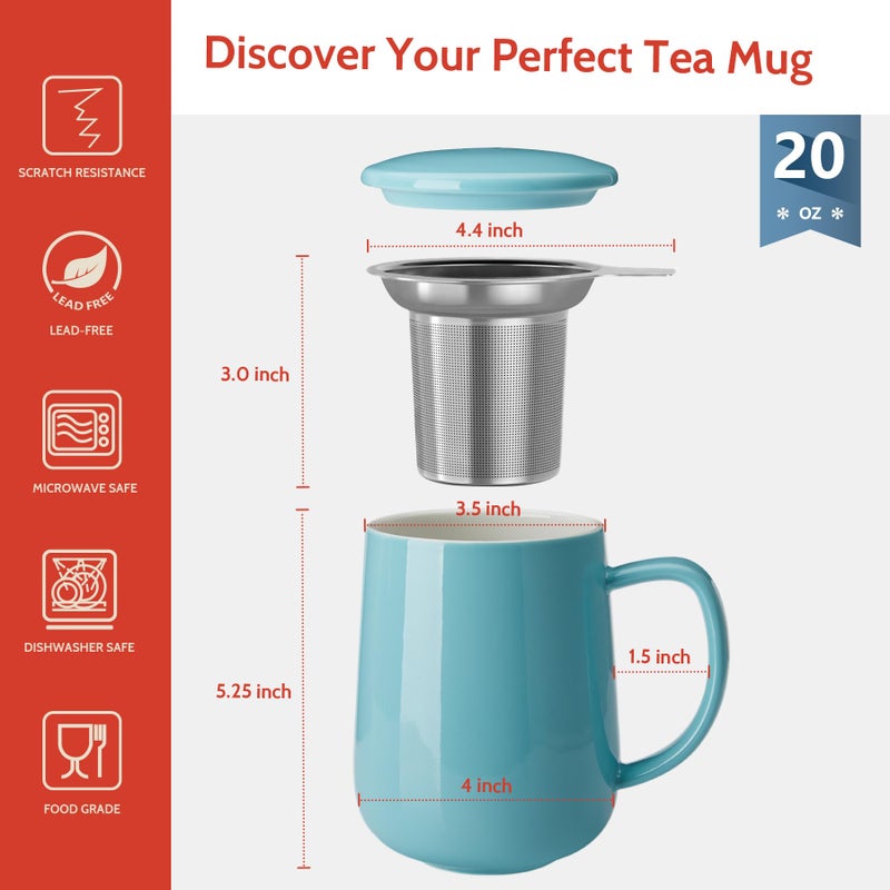 Sweese 20 OZ Porcelain Tea Mug with Infuser and Lid, Loose Leaf Tea Cup, Gifts for Tea Lover - Turquoise - Image 2